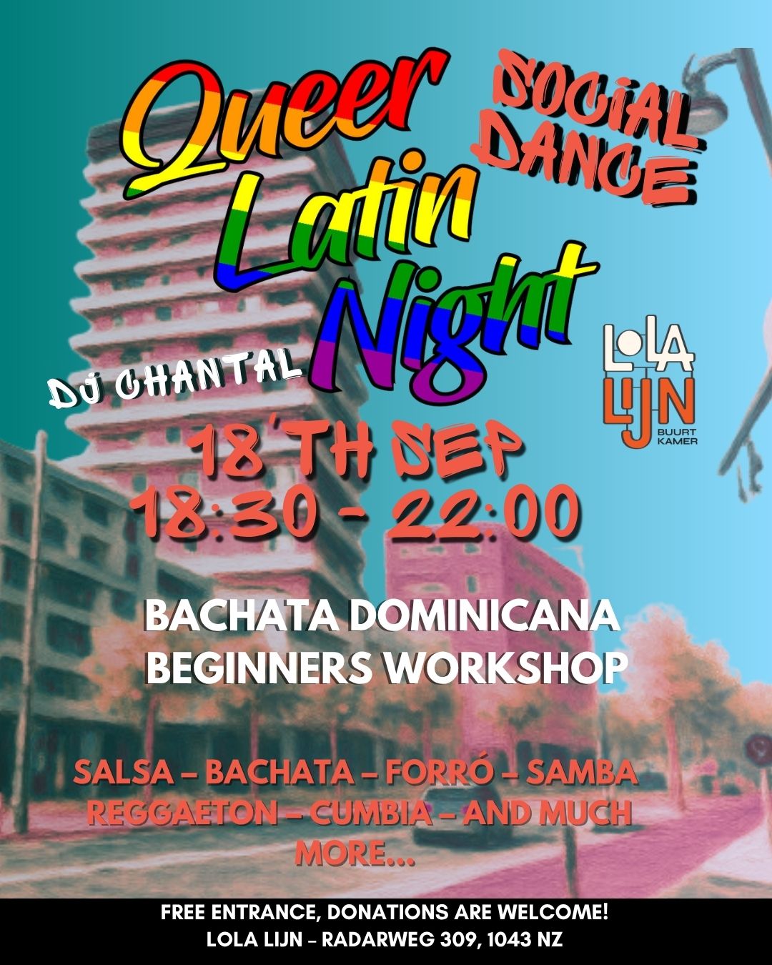 Poster Queer Latin Night – Bachata Dominicano workshop & Latin Social Dance